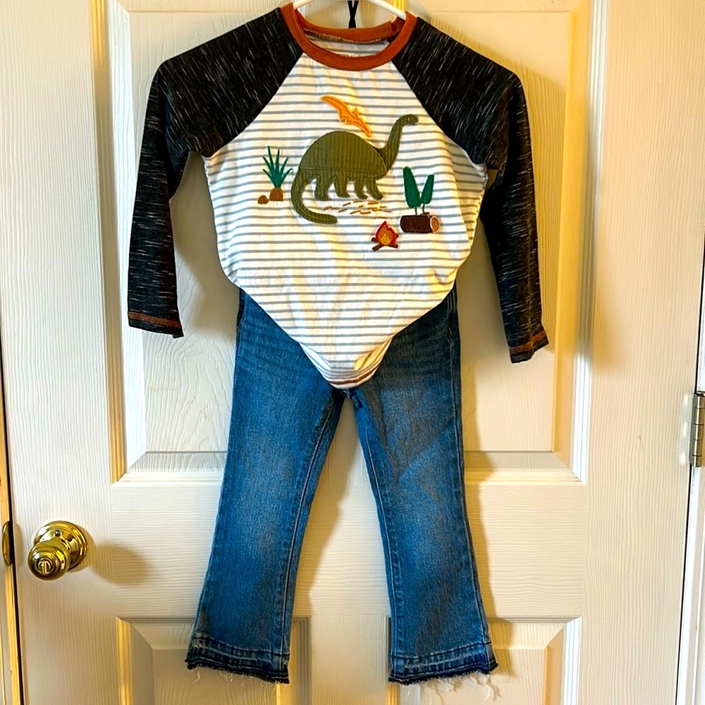 Mud Pie Boys Dinosaur Flap (eat ur veggies) Long Sleeve Top Old Navy‎ Jeans Sz 4